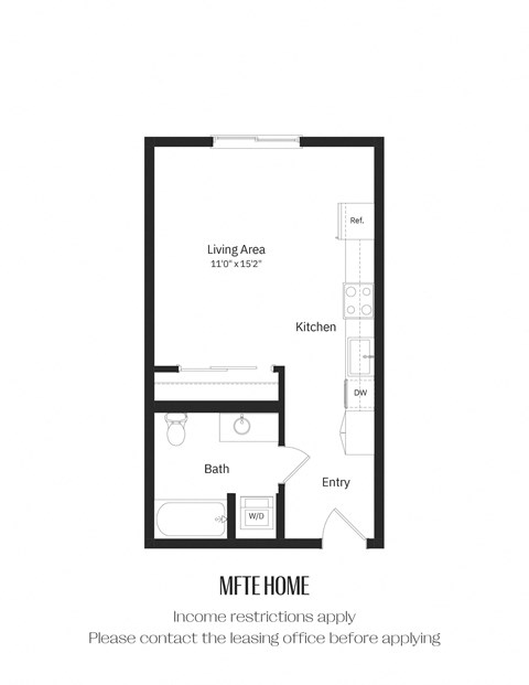 A floor plan of an MFTE home with income restrictions and a note to contact the leasing office before applying.